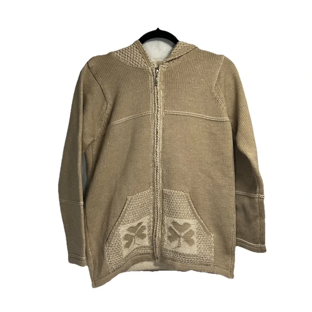 Aran Crafts Ireland Sweater Women's XS 100% Merino Wool Beige Full‎ Zip Hooded